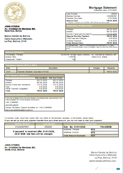 Download Bolivia Banco Central de Bolivia bank mortgage statement scr Photoshop template